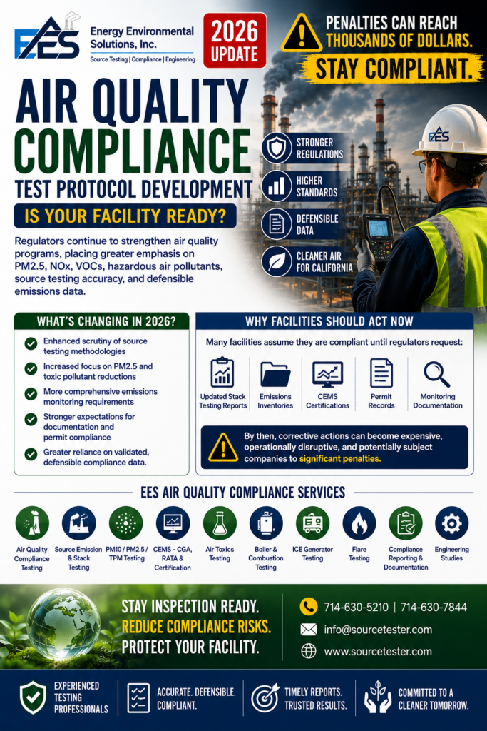 why air quality compliance test protocol development is essential for California industries. Discover the latest regulatory trends and how Energy Environmental Solutions, Inc. helps facilities achieve accurate, defensible, and inspection-ready compliance testing.
