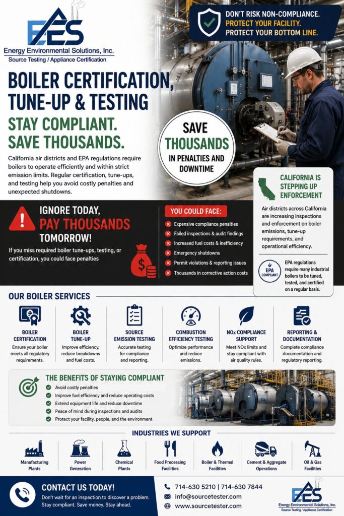 Learn why Boiler Certification, Tune-Up, and Emissions Testing are essential for California industries. Discover the latest compliance trends and how Energy Environmental Solutions, Inc. helps facilities improve efficiency, reduce emissions, and meet EPA, CARB, and local Air District requirements.
