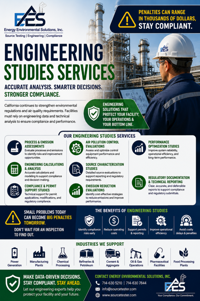 Learn why Engineering Studies Services are essential for California industries. Discover the latest regulatory trends and how Energy Environmental Solutions, Inc. helps facilities with engineering evaluations, permitting, emissions reduction, compliance testing, and environmental reporting.