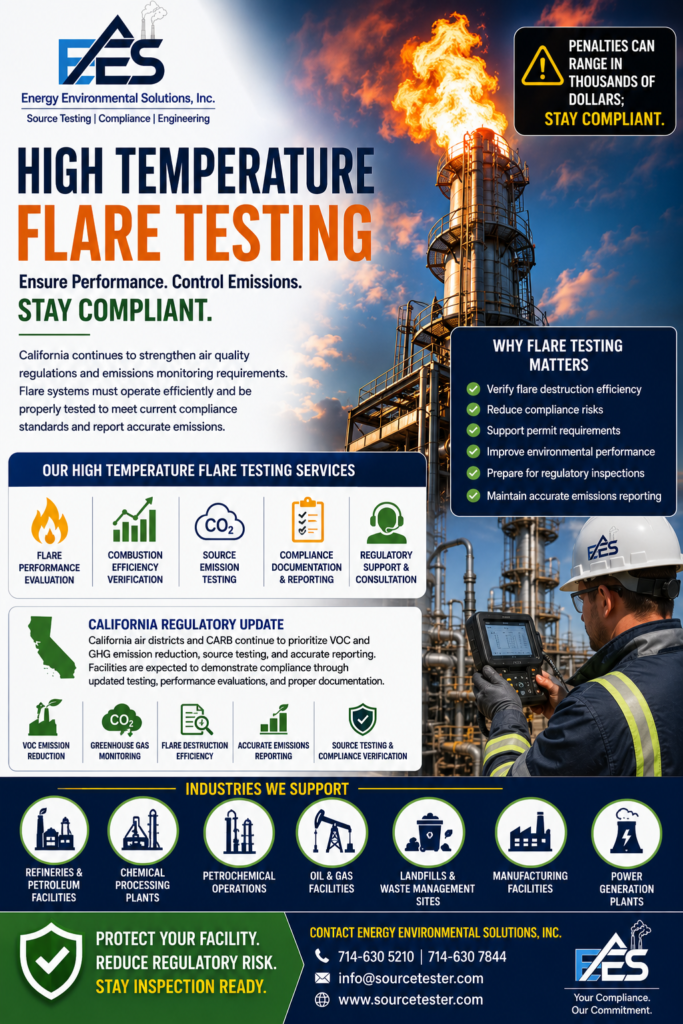 Discover why High Temperature Flare Testing is essential for California industries. Learn about current regulatory trends and how Energy Environmental Solutions, Inc. helps facilities achieve reliable flare performance, emissions compliance, and inspection-ready reporting.