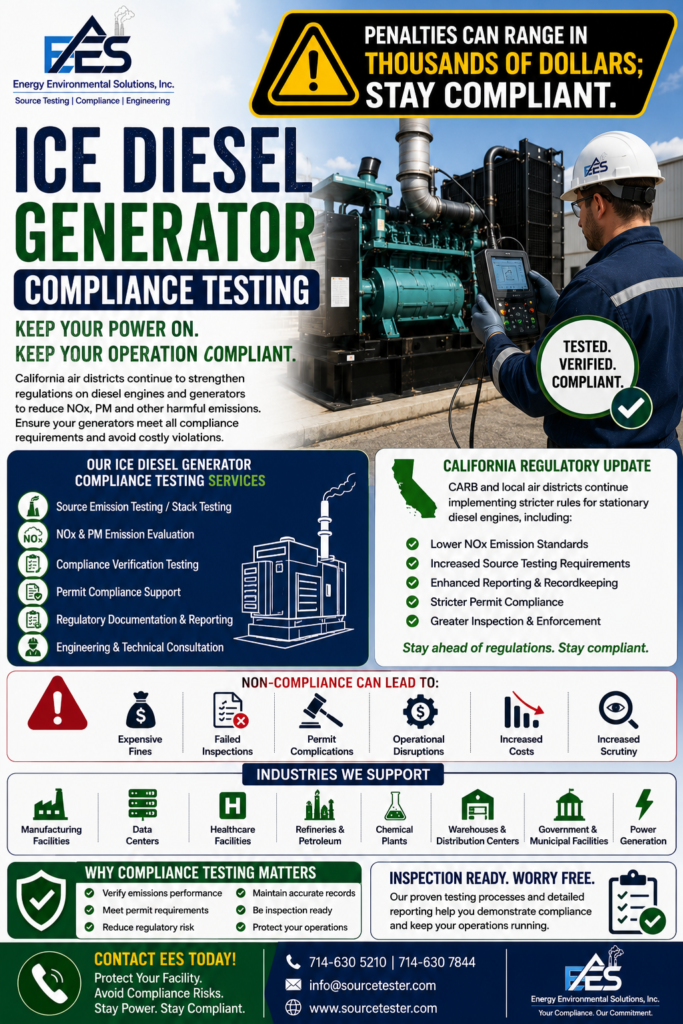 Learn why ICE Diesel Generator Compliance Testing is essential for California industries. Discover current regulatory trends and how Energy Environmental Solutions, Inc. helps facilities meet EPA, CARB, and local Air District requirements through expert emissions testing, engineering support, and compliance reporting.