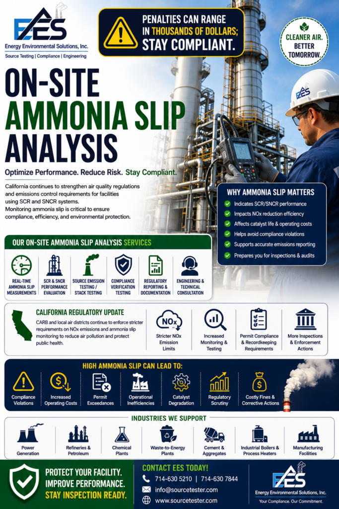 Learn why On-Site Ammonia Slip Analysis is essential for California industries using SCR and SNCR systems. Discover current regulatory trends and how Energy Environmental Solutions, Inc. helps facilities optimize NOx reduction, improve emissions control, and meet EPA, CARB, and local Air District requirements.