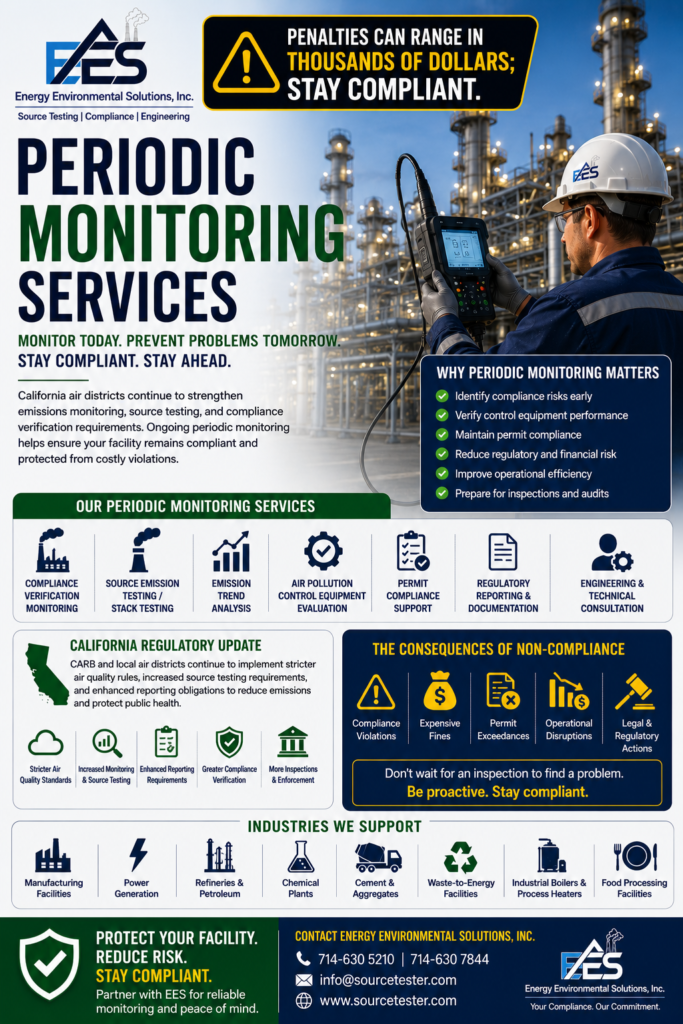 Discover why Periodic Monitoring Services are essential for California industries. Learn about current regulatory trends and how Energy Environmental Solutions, Inc. helps facilities achieve continuous compliance through emissions monitoring, source testing, engineering support, and inspection-ready reporting.