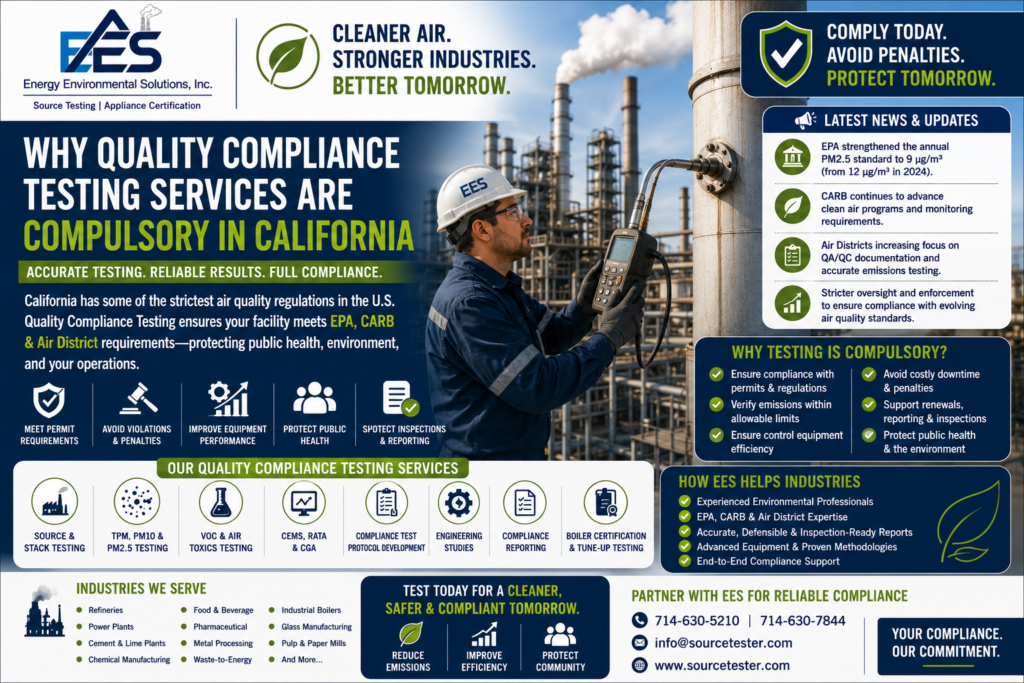Quality Compliance Testing Services are essential for California industries. Discover the latest EPA and CARB regulatory updates and how Energy Environmental Solutions, Inc. helps facilities achieve accurate emissions testing, inspection-ready documentation, and reliable environmental compliance.