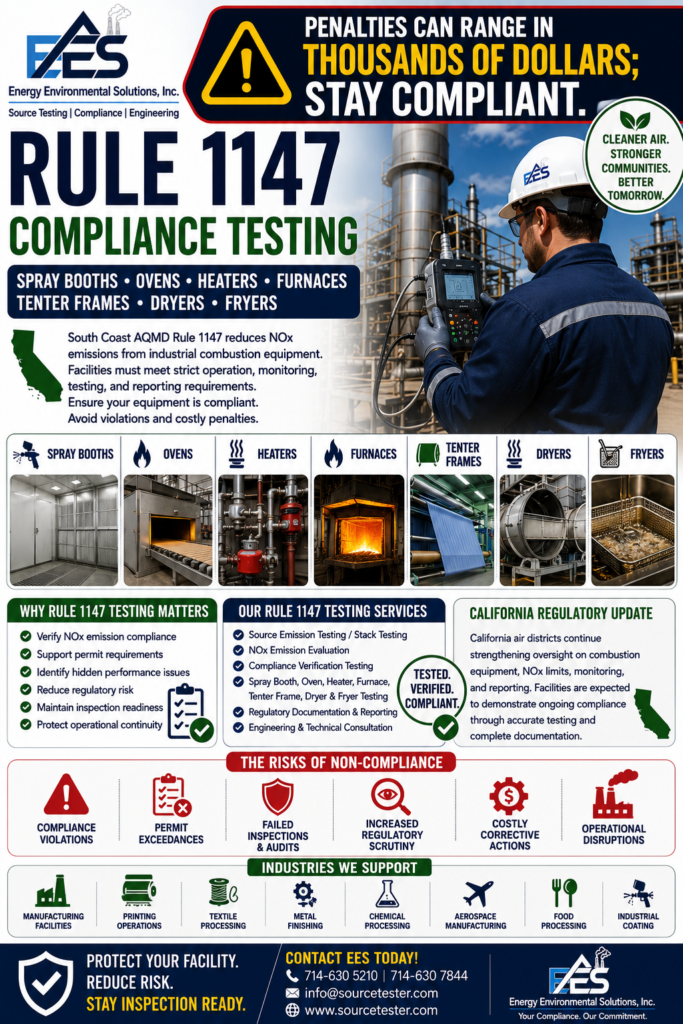 Rule 1147 compliance testing is essential for spray booths, ovens, heaters, furnaces, tenter frames, dryers, and fryers in California. Discover current regulatory trends and how Energy Environmental Solutions, Inc. helps industries meet EPA, CARB, and South Coast AQMD requirements through expert emissions testing and compliance support.