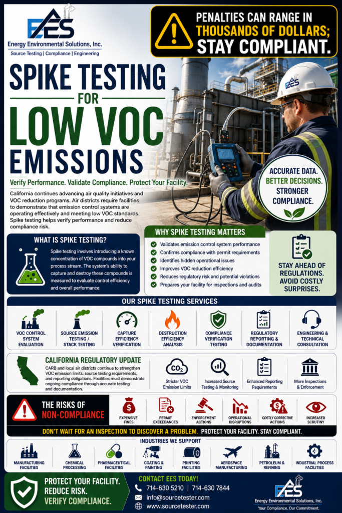 Learn why Spike Testing for Low VOC Emissions is essential for California industries. Discover the latest regulatory trends and how Energy Environmental Solutions, Inc. helps facilities verify low-level VOC emissions, ensure accurate testing, and comply with EPA, CARB, and local Air District requirements.