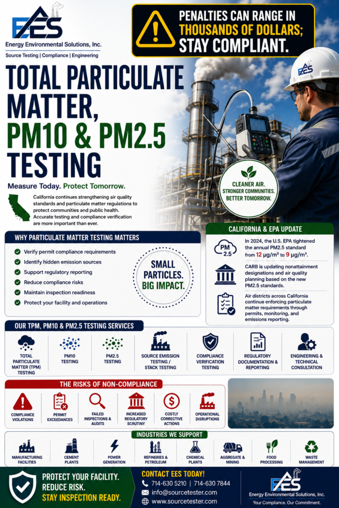 Total Particulate Matter (TPM), PM10, and PM2.5 testing is essential for California industries. Discover the latest EPA and CARB updates and how Energy Environmental Solutions, Inc. helps facilities meet air quality compliance requirements through expert source testing, engineering support, and inspection-ready reporting.