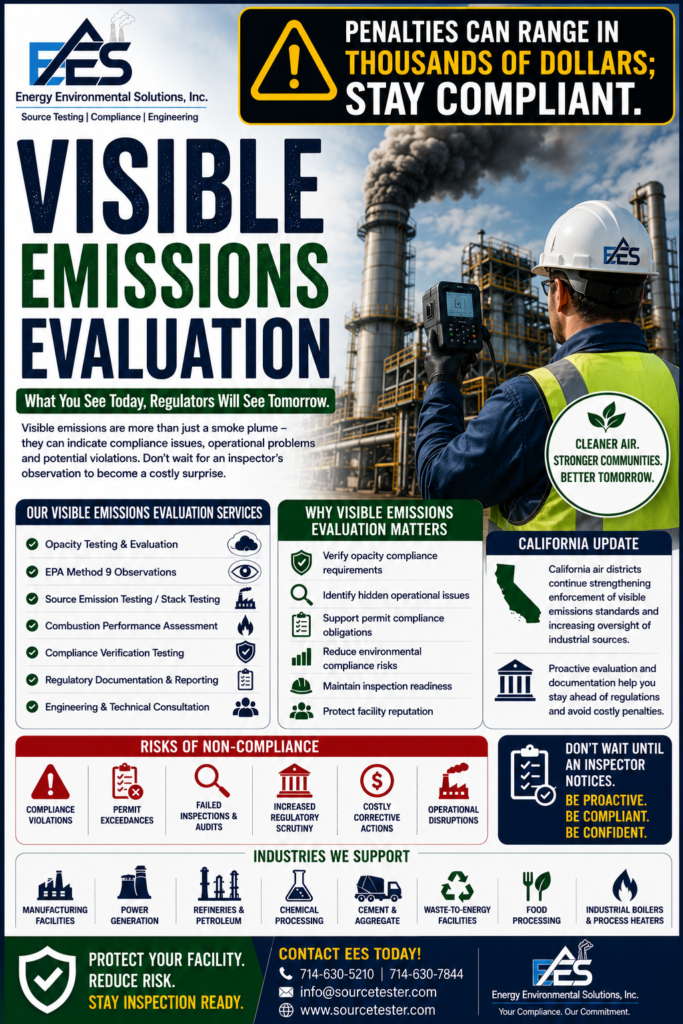 Visible Emissions Evaluation Services are essential for California industries. Discover the latest EPA and CARB developments and how Energy Environmental Solutions, Inc. helps facilities achieve compliance through EPA Method 9 opacity testing, source testing, engineering support, and inspection-ready reporting.