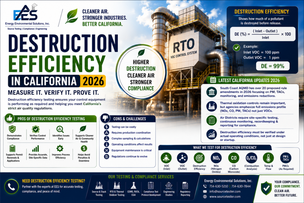 Learn the latest 2026 California updates on destruction efficiency testing, VOC control, RTOs and thermal oxidizers. Discover the pros, challenges and how EES helps industries stay compliant.