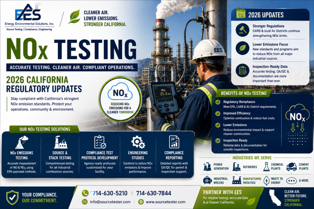 Latest 2026 California updates on NOx emissions testing. Discover the benefits, challenges, and how Energy Environmental Solutions, Inc. helps industries achieve accurate emissions testing, combustion optimization, and inspection-ready compliance reporting.