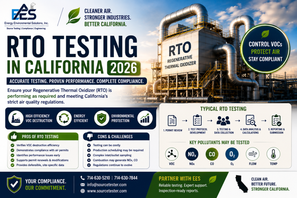 Learn the latest 2026 California updates on RTO Testing, VOC control efficiency, NOx, CO and source testing. Discover the pros, challenges and how EES helps industries maintain compliance.