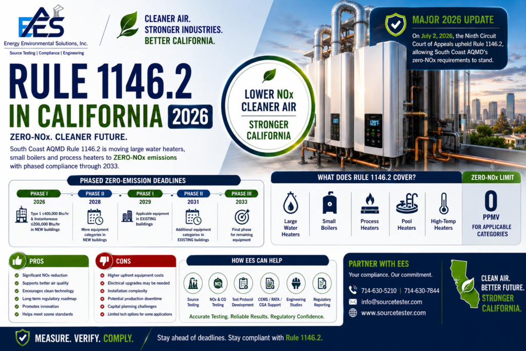 Rule 1146.2. Latest 2026 Rule 1146.2 updates, zero-NOx deadlines, Ninth Circuit ruling, pros, cons, testing requirements and how EES helps industries comply.