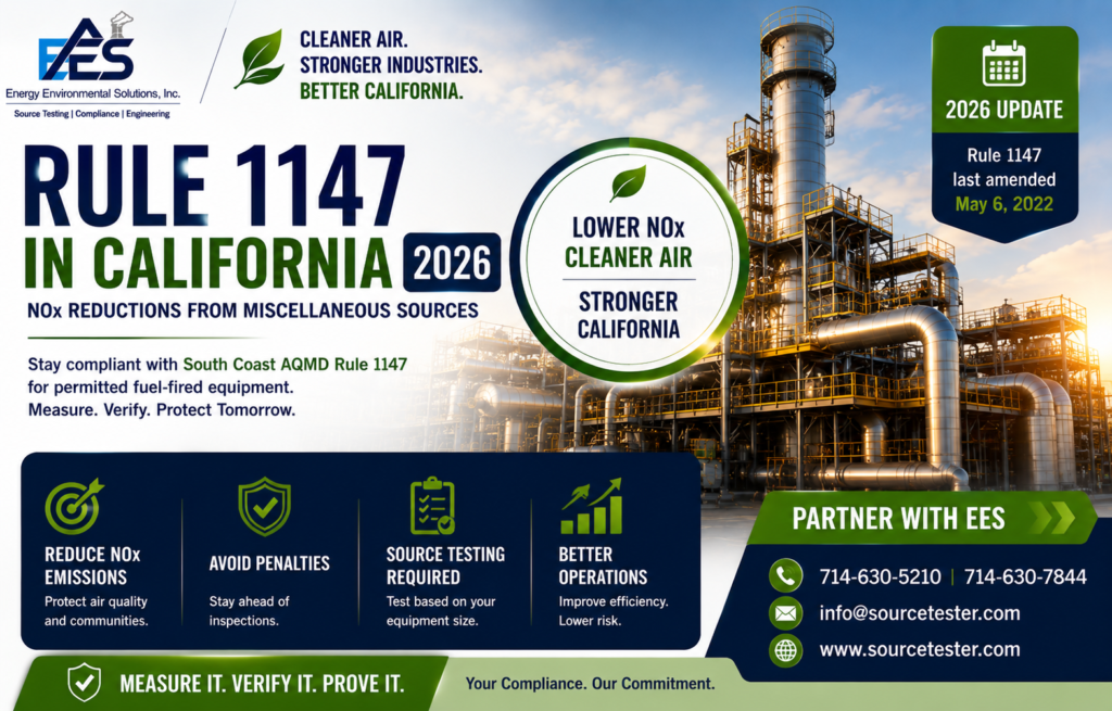 Latest 2026 Rule 1147 updates, NOx and CO testing requirements, pros and cons, source-test frequencies and how EES helps South Coast AQMD facilities stay compliant.
