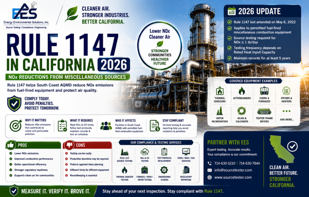 Latest 2026 Rule 1147 updates, NOx and CO testing requirements, pros and cons, source-test frequencies and how EES helps South Coast AQMD facilities stay compliant.