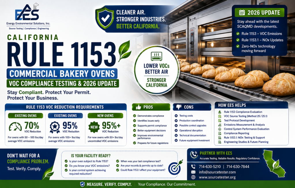 Learn about California Rule 1153 commercial bakery oven VOC requirements, 2026 Rule 1153.1 updates, compliance testing, pros, challenges and how EES helps.