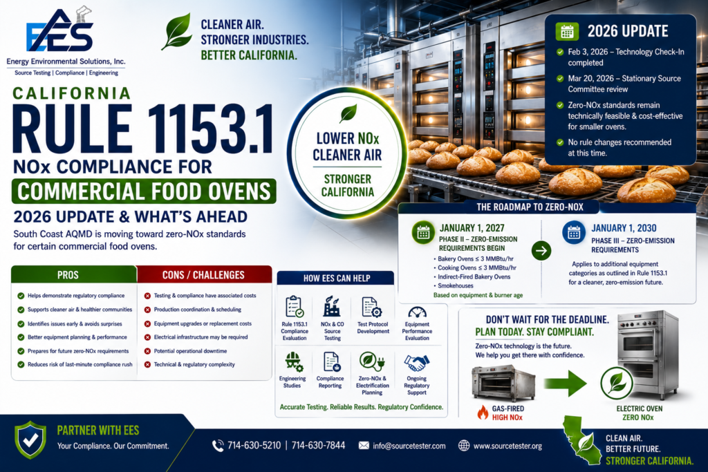 California SCAQMD Rule 1153.1, 2026 NOx updates, zero-NOx requirements, upcoming 2027 and 2030 milestones, compliance testing and how EES can help.