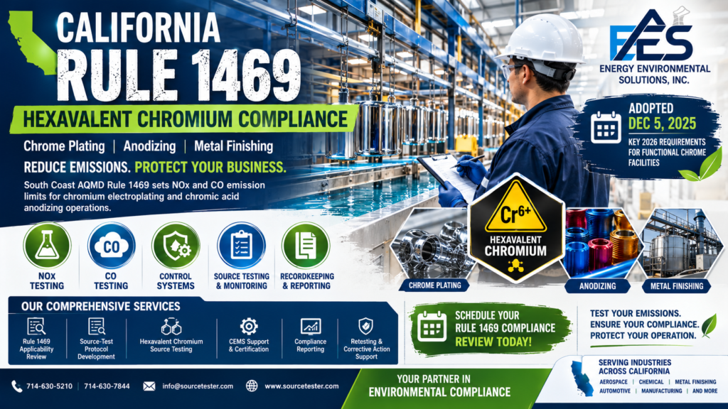 California Rule 1469, hexavalent chromium emissions testing, source testing, capture efficiency, control requirements and 2026 compliance for chrome plating and anodizing facilities