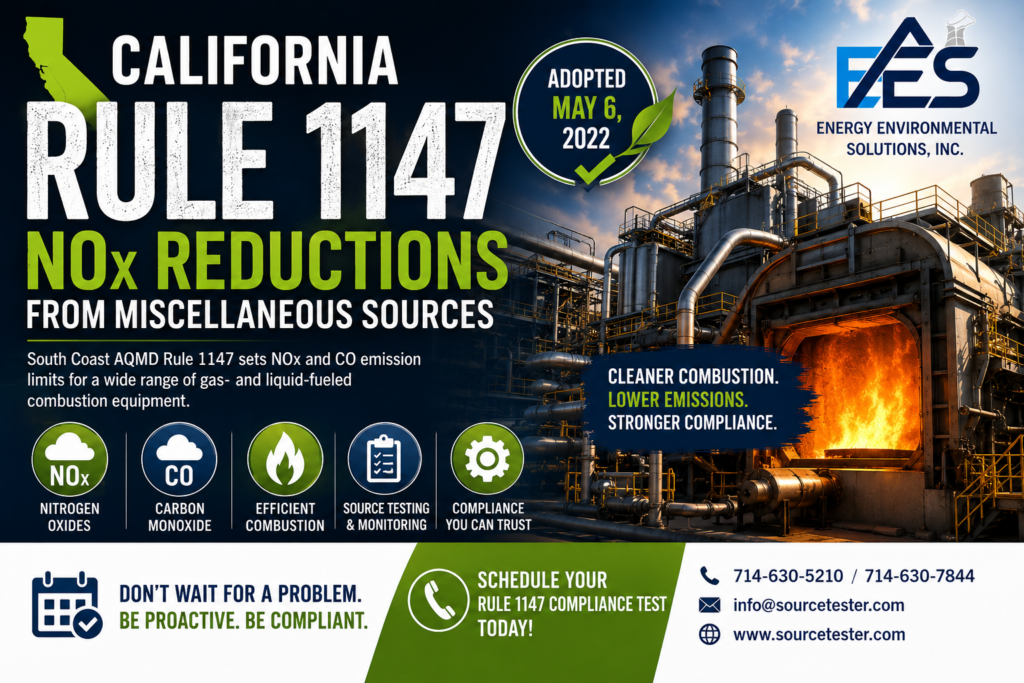 Rule 1147 compliance testing in California? Learn about NOx, CO, source testing, monitoring, maintenance and South Coast AQMD Rule 1147 requirements.