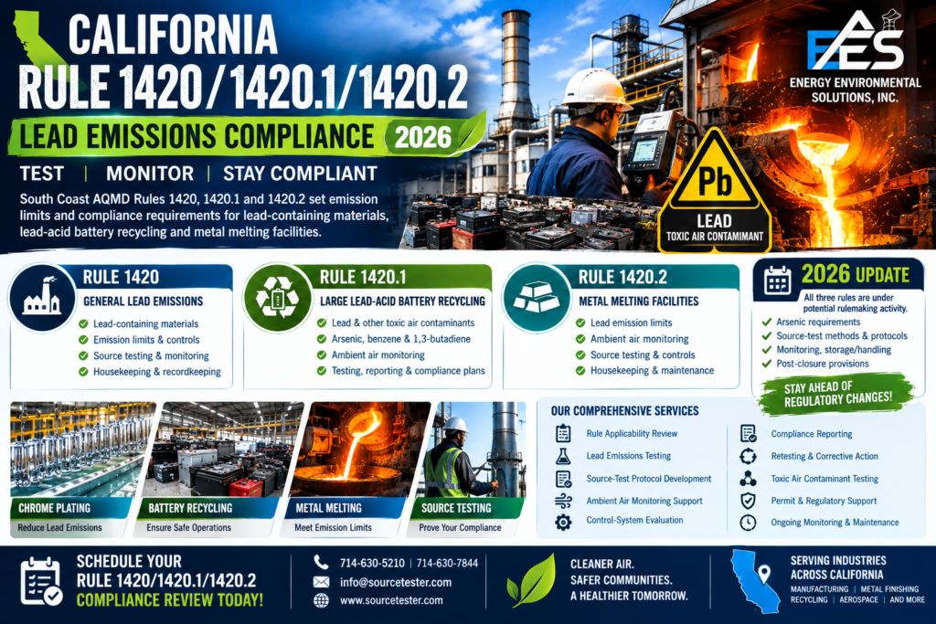 South Coast AQMD Rules 1420, 1420.1 and 1420.2, lead emissions testing, source testing, ambient monitoring and important 2026 regulatory developments.