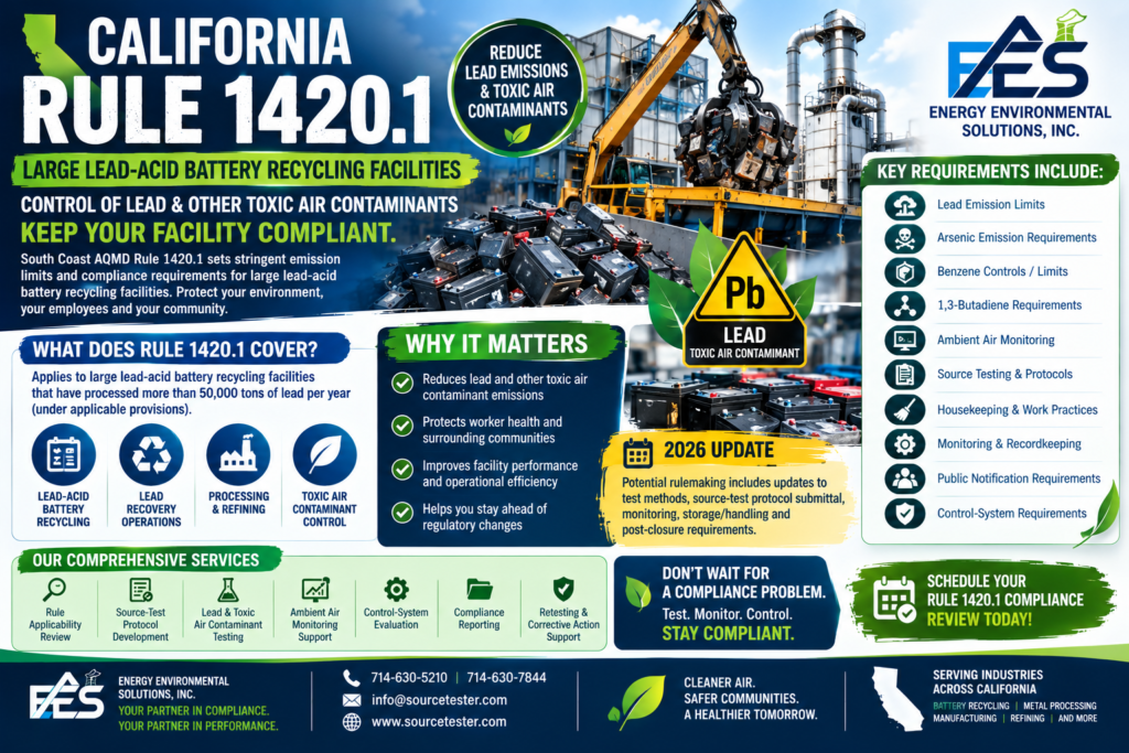 South Coast AQMD Rules 1420, 1420.1 and 1420.2, lead emissions testing, source testing, ambient monitoring and important 2026 regulatory developments.