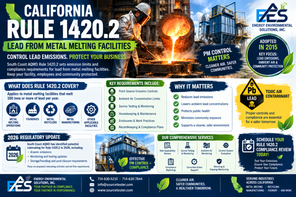 South Coast AQMD Rules 1420, 1420.1 and 1420.2, lead emissions testing, source testing, ambient monitoring and important 2026 regulatory developments.