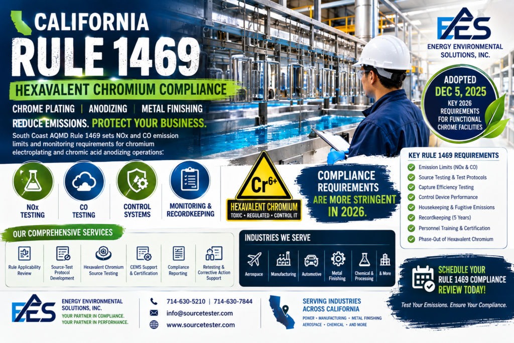 California Rule 1469, hexavalent chromium emissions testing, source testing, capture efficiency, control requirements and 2026 compliance for chrome plating and anodizing facilities